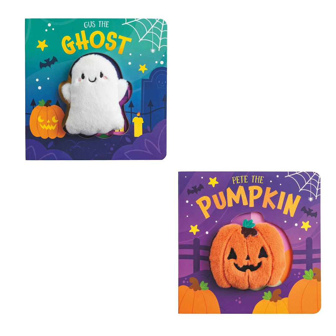 Two Halloween-themed plush toys with packaging featuring 'Gus the Ghost' and 'Pete the Pumpkin'.