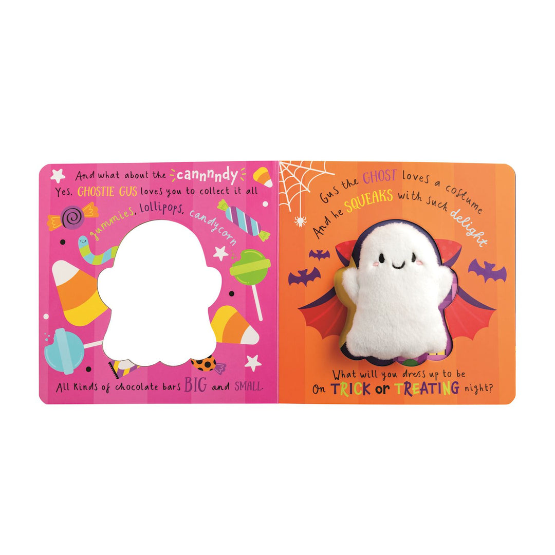 Halloween-themed plush ghost toy with a matching book on a white background