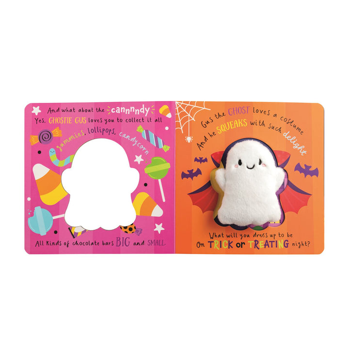 Halloween-themed plush ghost toy with a matching book on a white background