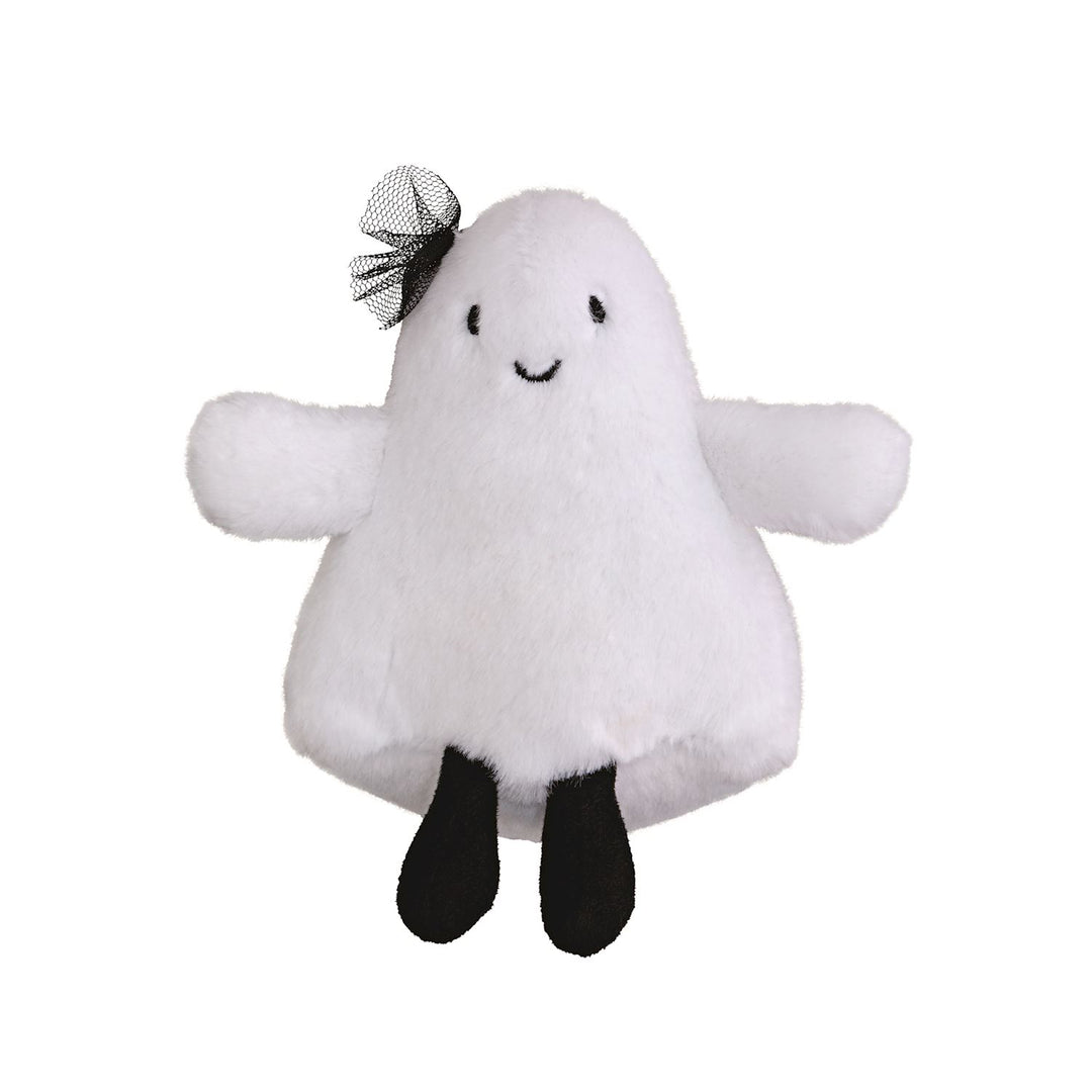 White plush ghost toy with a black bow on a white background