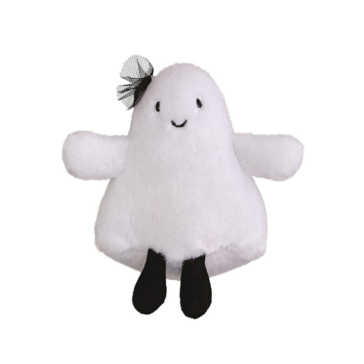 White plush ghost toy with a black bow on a white background