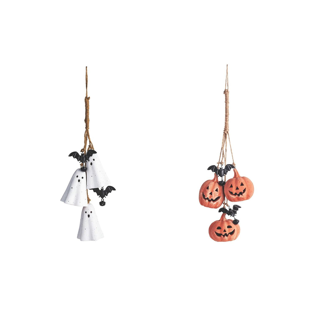 Two Halloween-themed wind chimes, one with a white ghost and black bat design, and the other with three orange pumpkins and black bats.