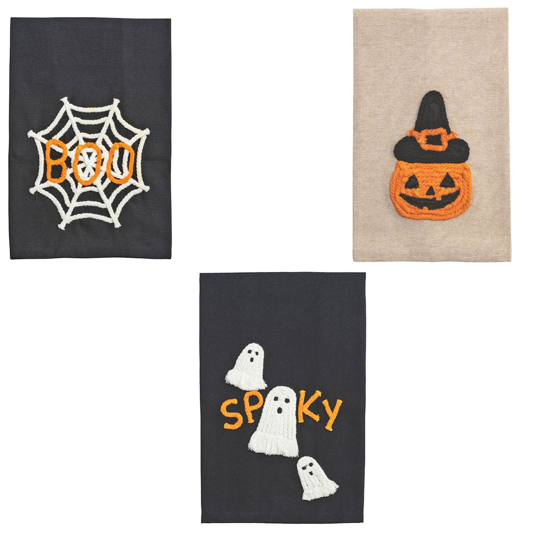 Halloween-themed towels with embroidered designs