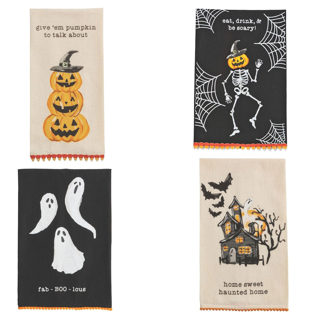 A set of four Halloween-themed towels with different designs, including a pumpkin, a skeleton, ghosts, and a haunted house.