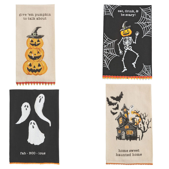 A set of four Halloween-themed towels with different designs, including a pumpkin, a skeleton, ghosts, and a haunted house.