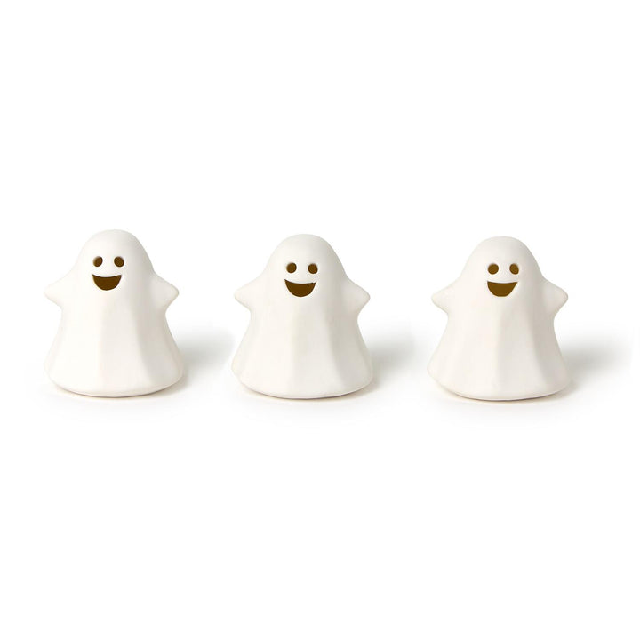 A three white ceramic ghosts with built-in LED lights, designed for Halloween decorations.
