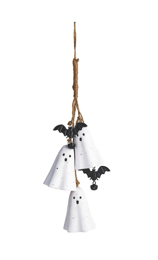 Halloween-themed wind chimes 
with a white ghost and black bat design.