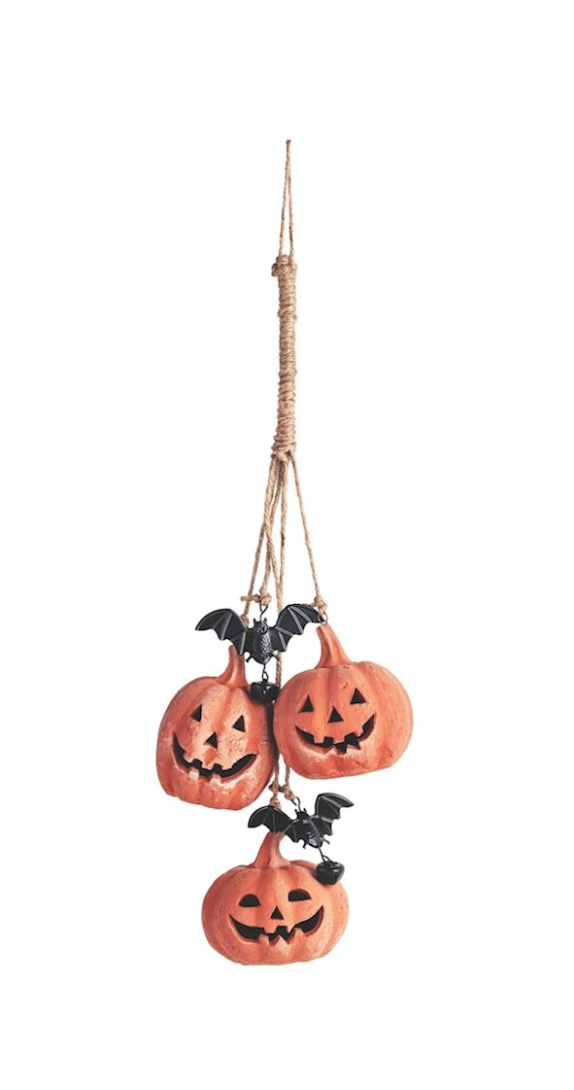 Halloween-themed wind chimes with three orange pumpkins and black bats.