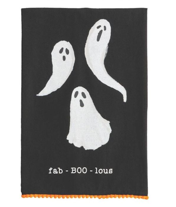 Halloween-themed towel with 3 ghosts. Text reads: fab-BOO-lous