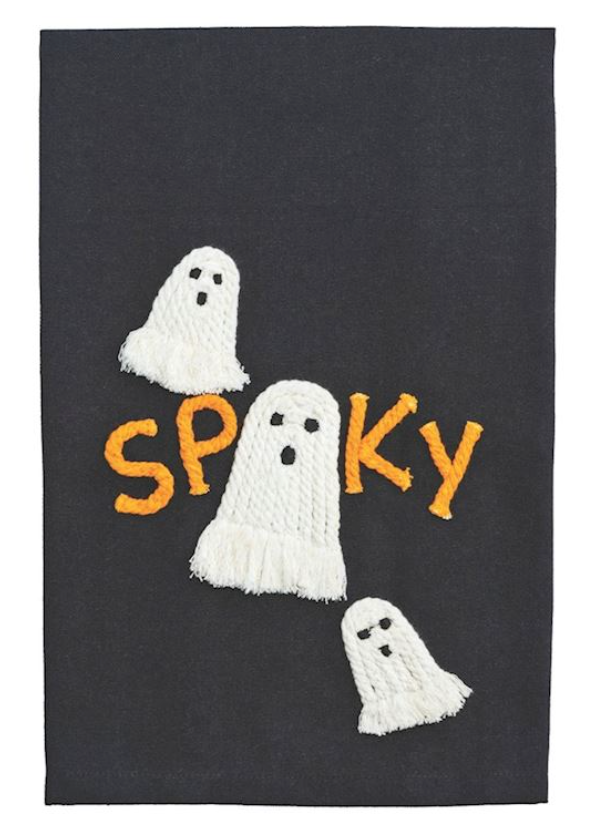 Black towel with white embroidered ghosts and 'SPOOKY' text
