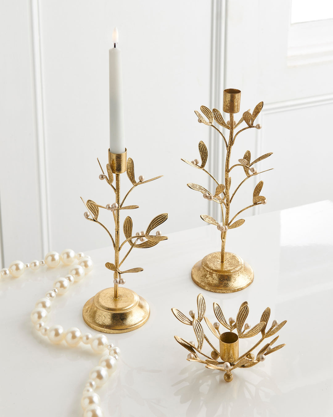 Gold Mistletoe Candlesticks