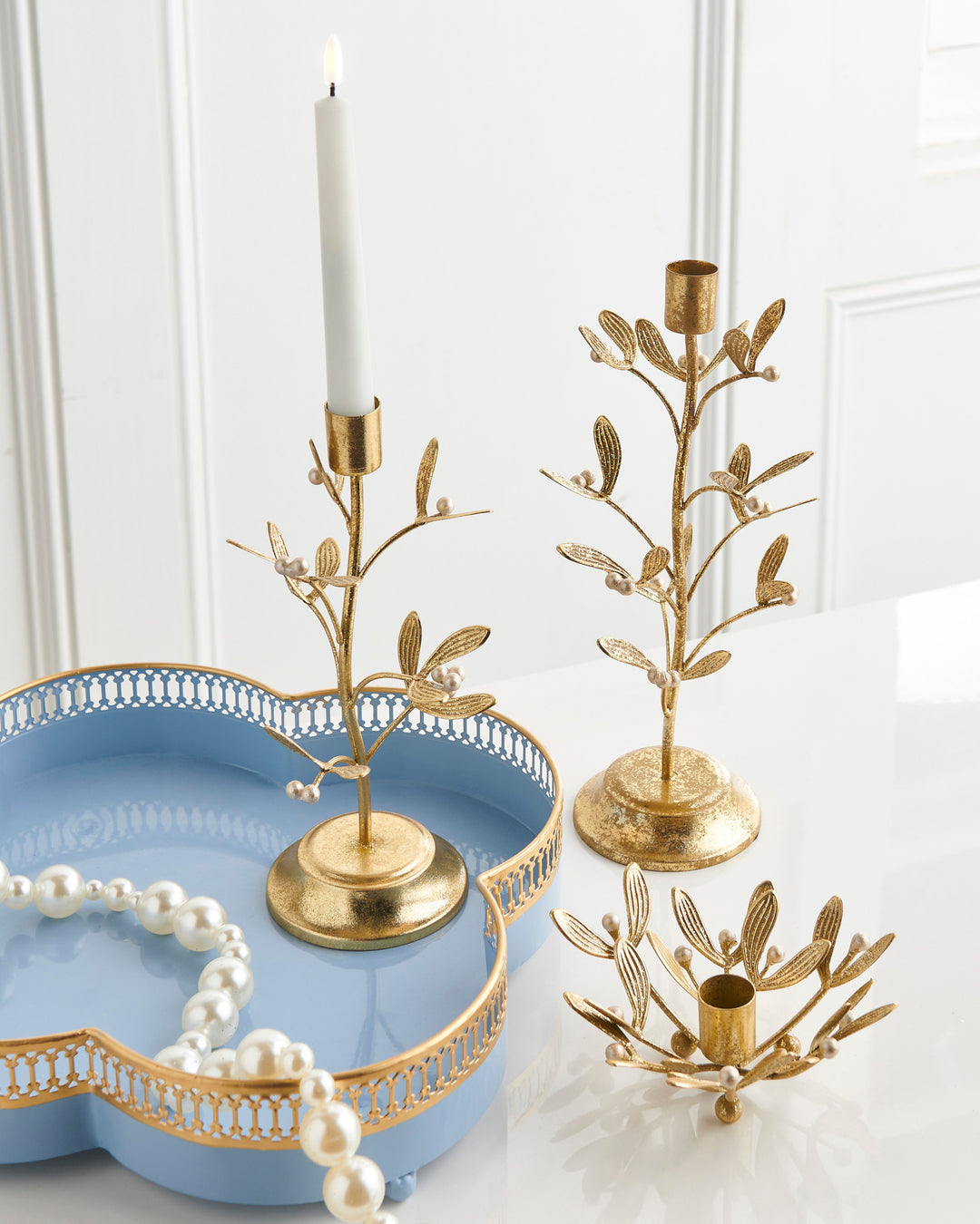 Gold Mistletoe Candlesticks