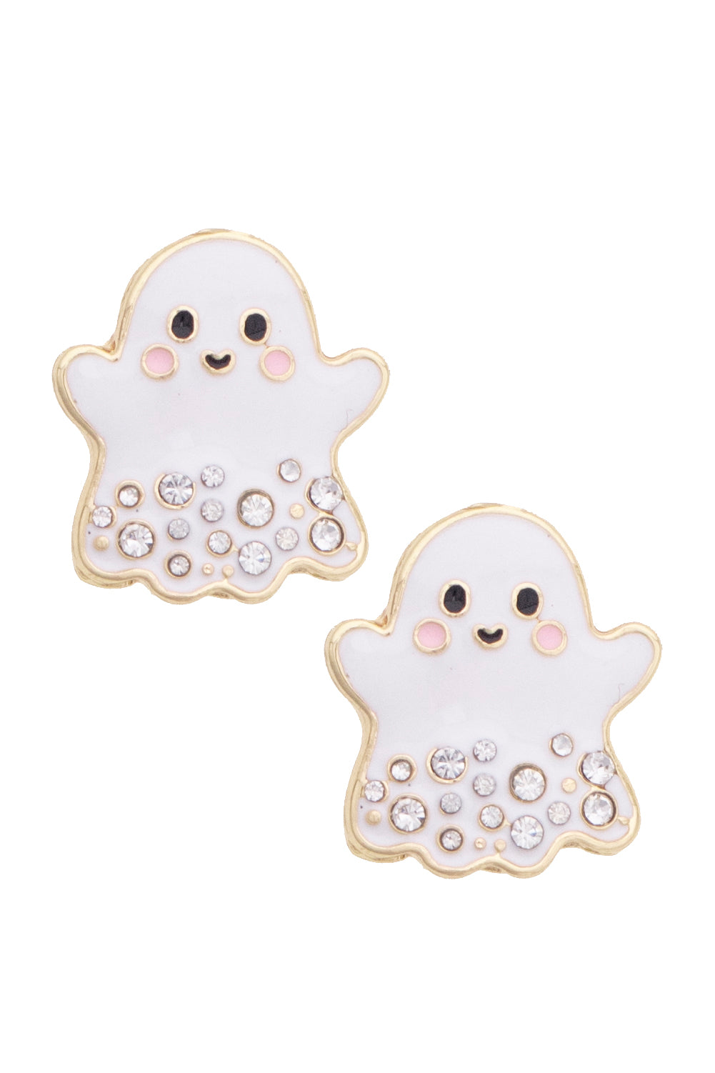 A pair of cute ghost-shaped stud earrings with white enamel, gold borders, and clear rhinestones on a plain white background.