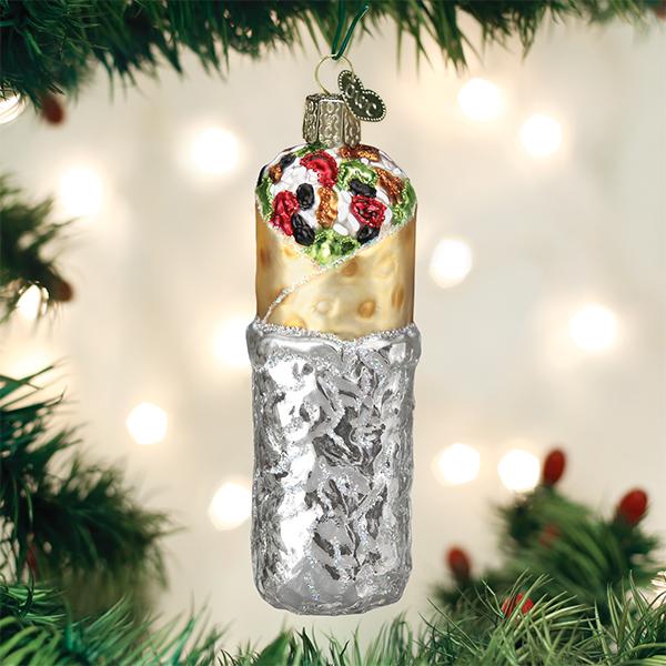Decorative glass ornament representing a burrito with the bottom half wrapped in foil.
