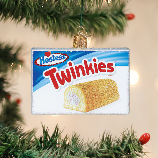 Twinkies packaging ornament hanging on a Christmas tree