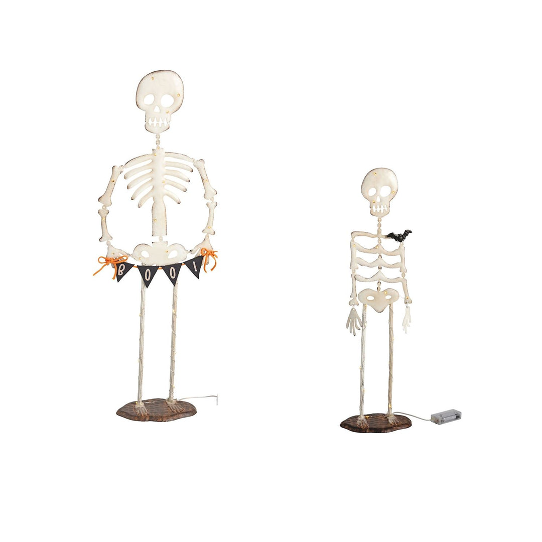 Two Halloween skeletons with decorative elements on a white background
