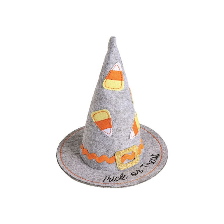 Gray witch hat with candy corn design on a white background