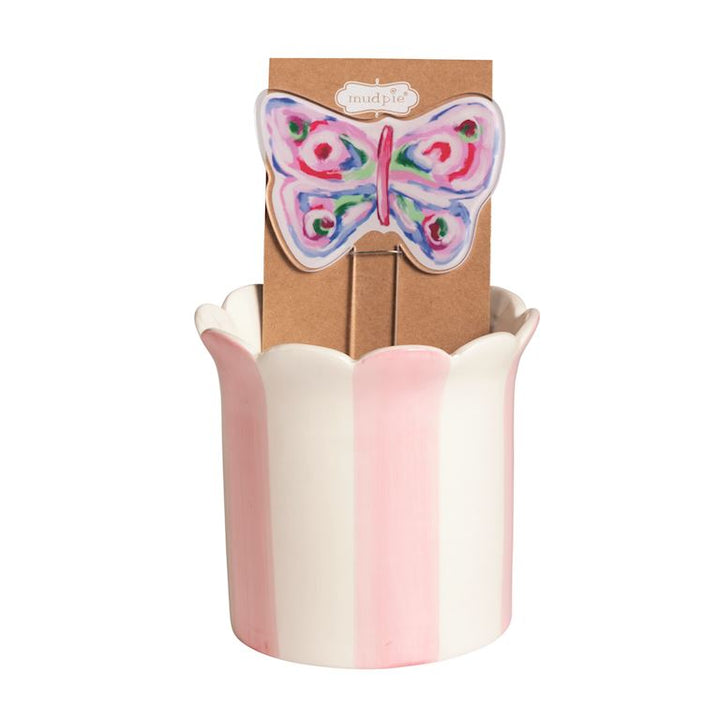 Striped Flower Pot w/Plant Stake