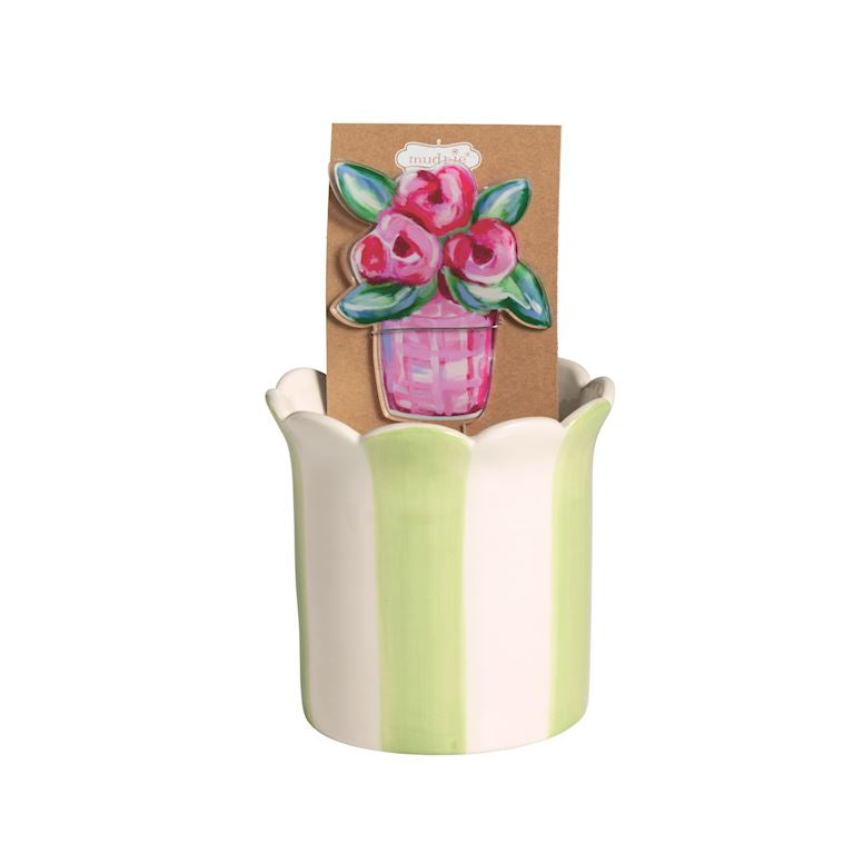 Striped Flower Pot w/Plant Stake