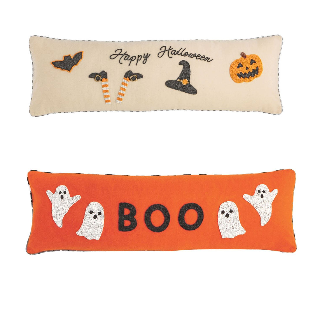 Two Halloween-themed decorative pillows with festive designs on a white background.
