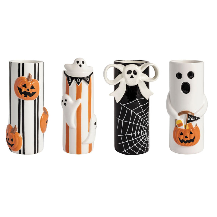 Set of four Halloween-themed vases with ghost, pumpkin, and spider web designs on a white background.
