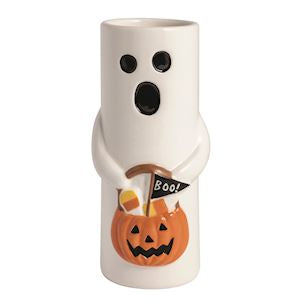 Ceramic ghost-shaped vase with a pumpkin design and &