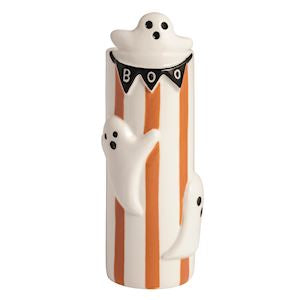 Decorative Halloween-themed vase with ghost designs on a white background