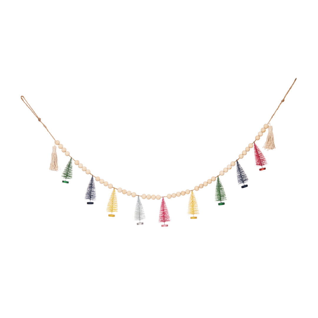 Decorative string with small colorful trees on a white background