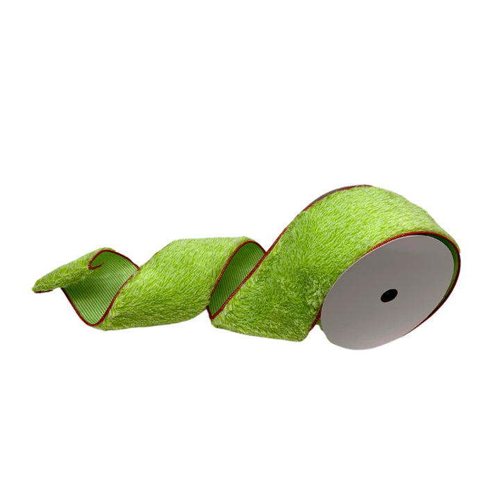 Green Faux Fur Ribbon w/Red Edge, 10yds