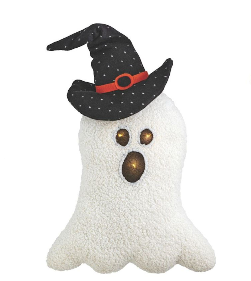 Halloween-themed plush ghost with a witch hat on a white background