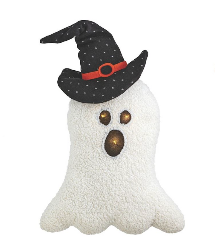 Halloween-themed plush ghost with a witch hat on a white background