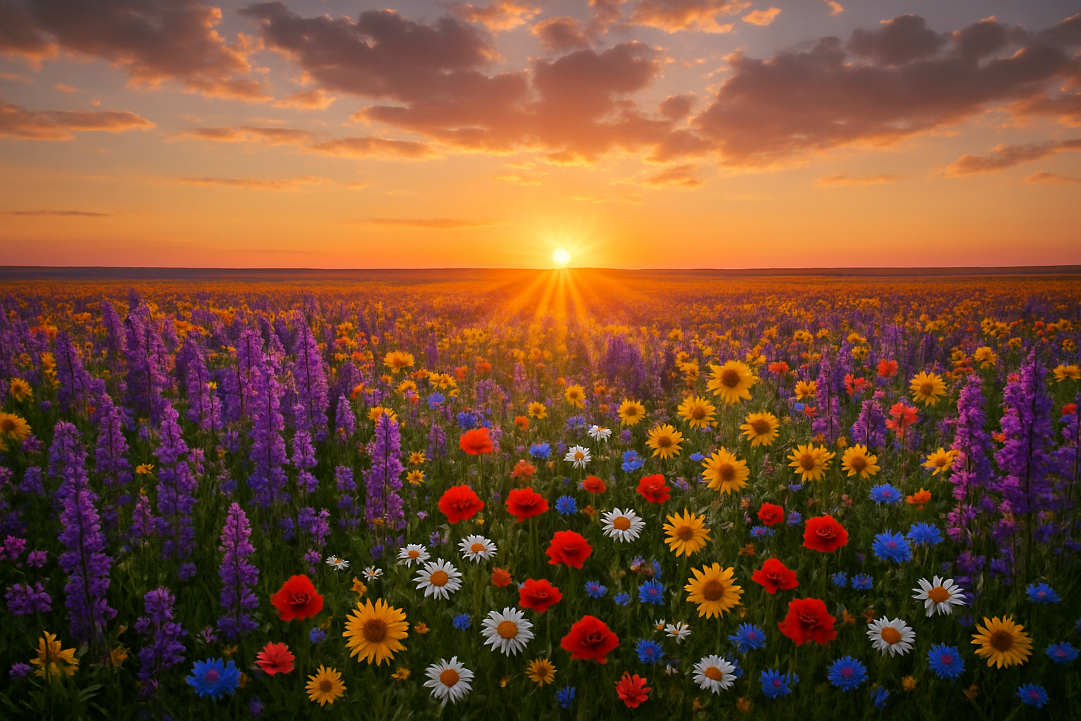 field of wildflowers with setting sun