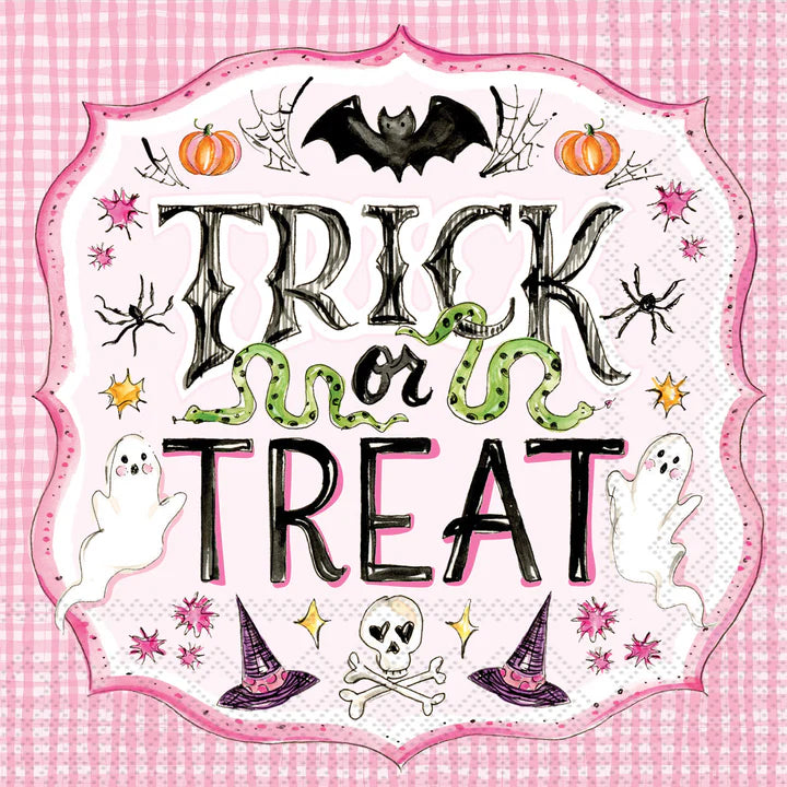 Pack of Pink Trick or Treat cocktail napkins with Halloween-themed decorations such as a bat, pumpkin, spider, and witch's hat.