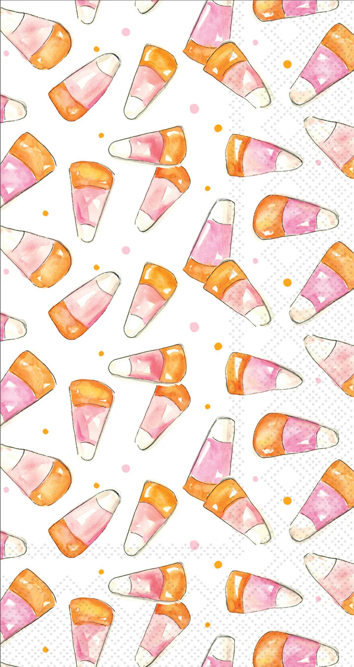 A pattern of pink candy corn guest towels with white background
