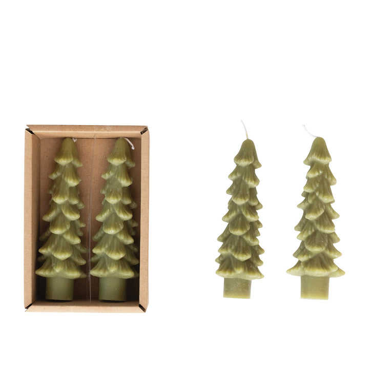 Green Tree Shaped Taper Candles 4.75", Set of 2
