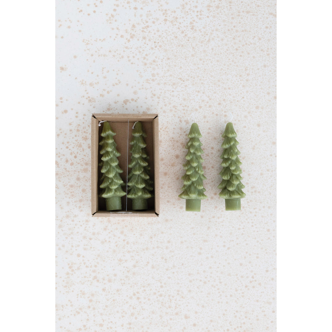 Green Tree Shaped Taper Candles 4.75", Set of 2
