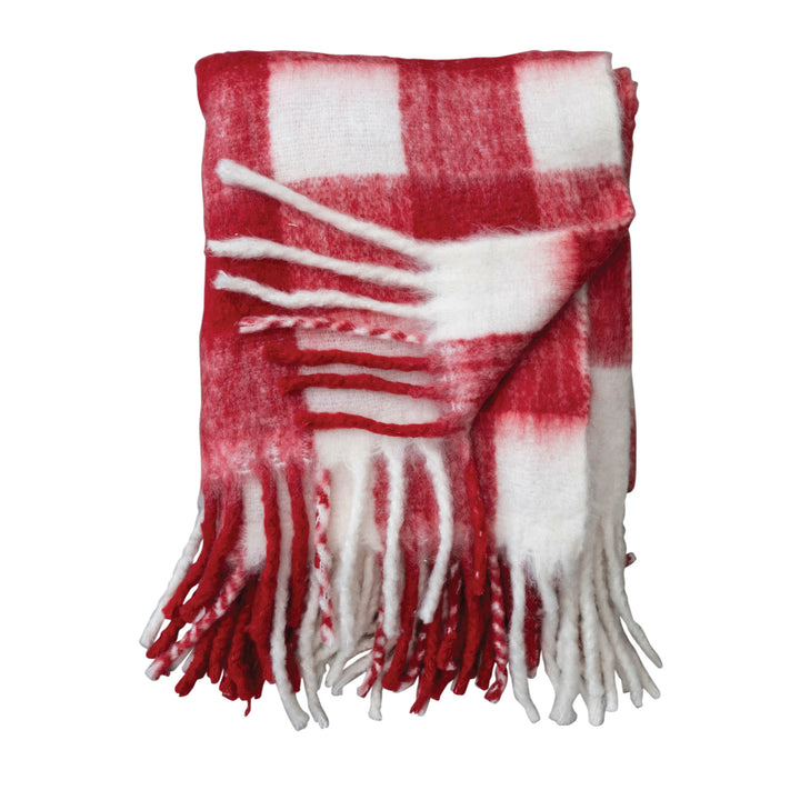 Red & White Plaid Throw w/ Fringe