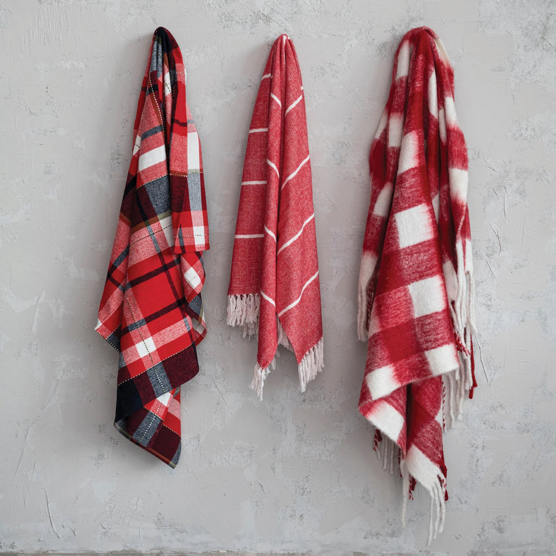Red & White Plaid Throw w/ Fringe
