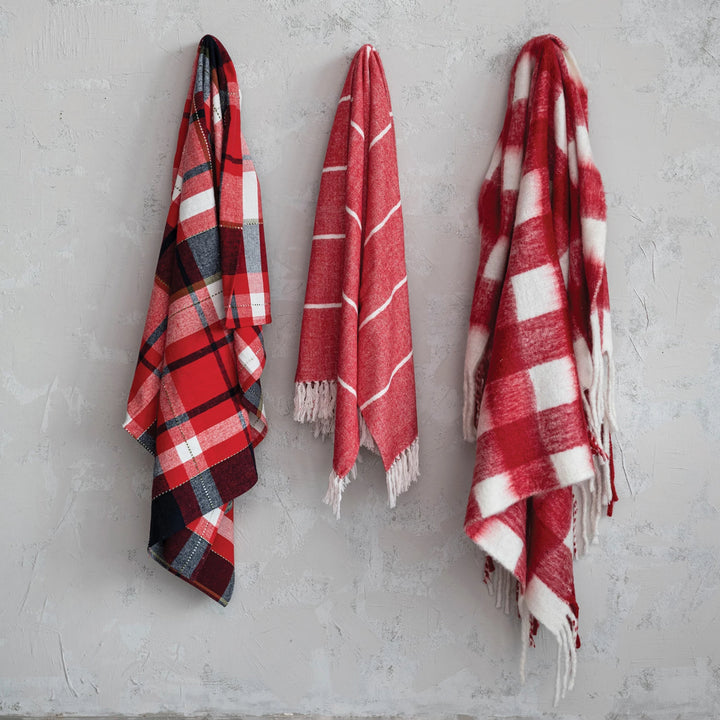 Red & White Plaid Throw w/ Fringe