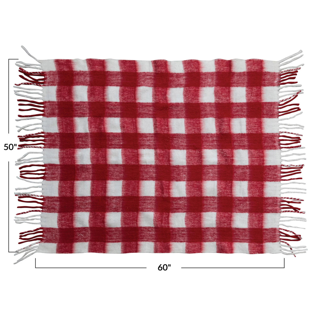Red & White Plaid Throw w/ Fringe