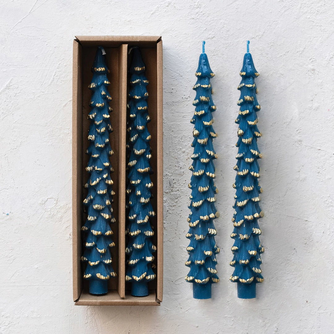 Blue Tree Shaped Taper Candles w/ Gold Tips 10",  Set of 2