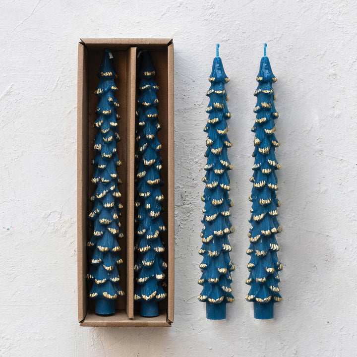 Blue Tree Shaped Taper Candles w/ Gold Tips 10",  Set of 2