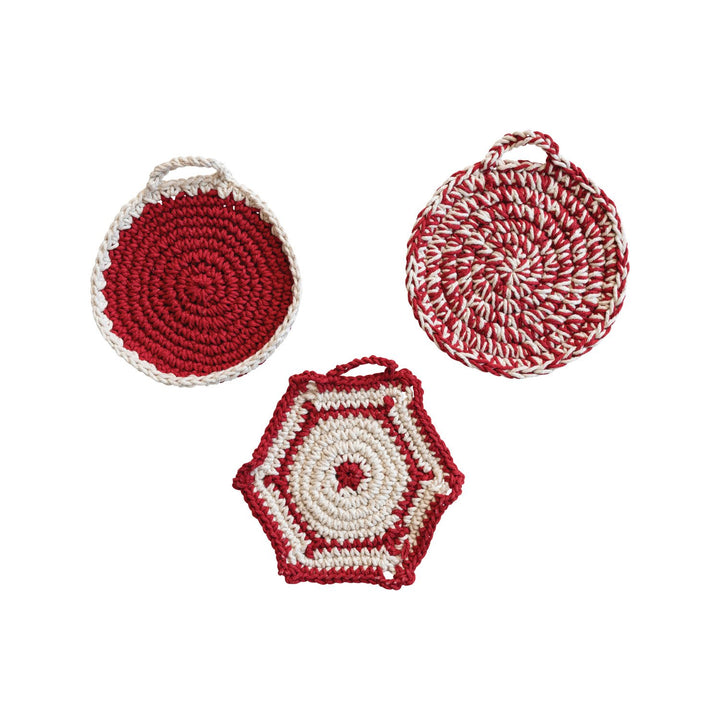 Red & White Cotton Crocheted Pot Holder