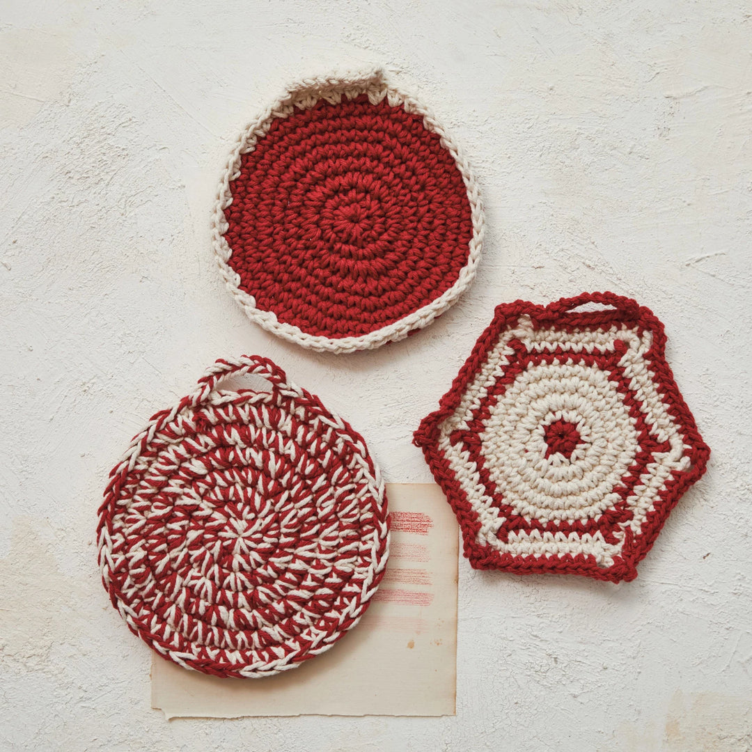 Red & White Cotton Crocheted Pot Holder
