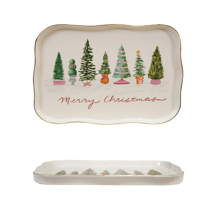 Scalloped Platter w/Trees & Gold Electroplating