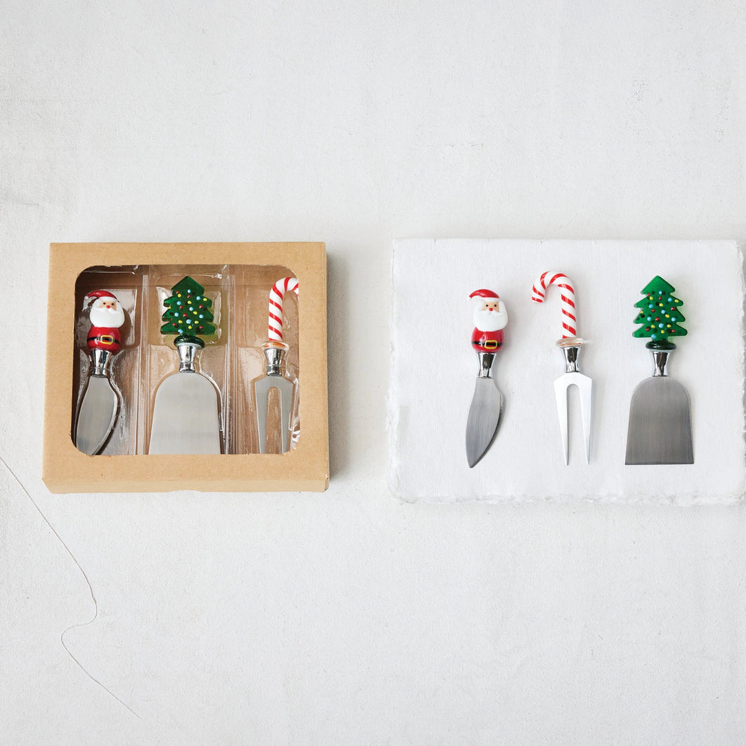 Cheese Knives w/Glass Holiday Icon Handles, Set of 3
