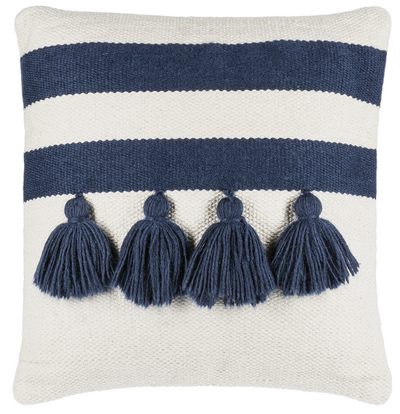 Off white pillow with 2 blue stripes and 4 blue tassels below the second stripe.